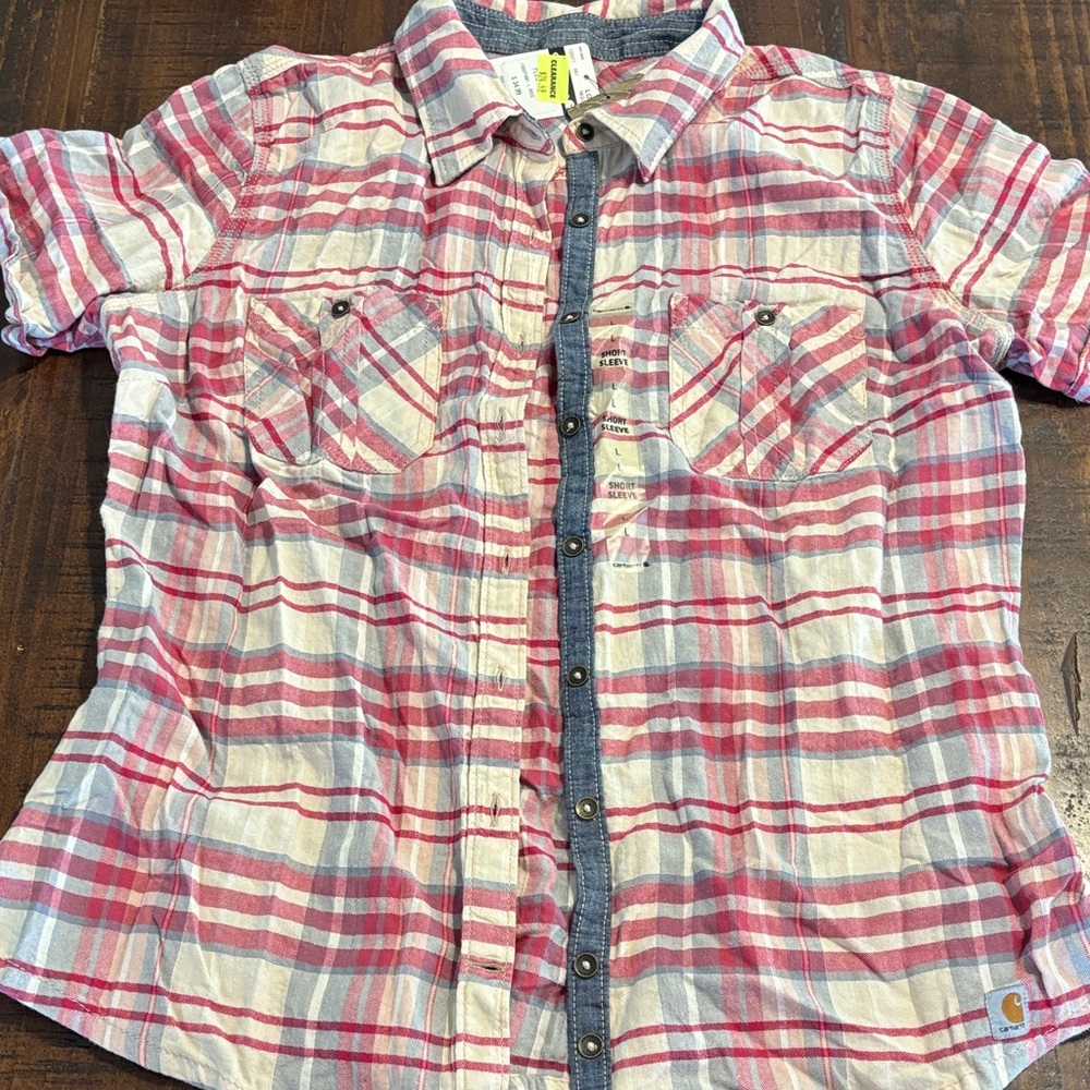 Carhartt Women’s Red/Pink and White Plaid Button Down Shirt